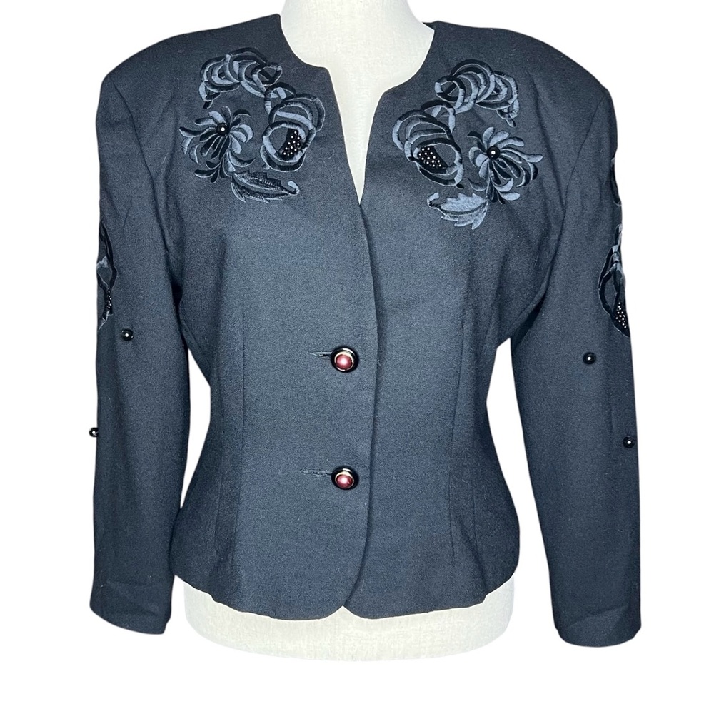 VINTAGE MAGALI COLLECTION Black Embroidered Bead Embellished Wool Crop Jacket 14